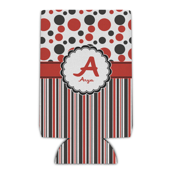 Custom Red & Black Dots & Stripes Can Cooler (16 oz) (Personalized)