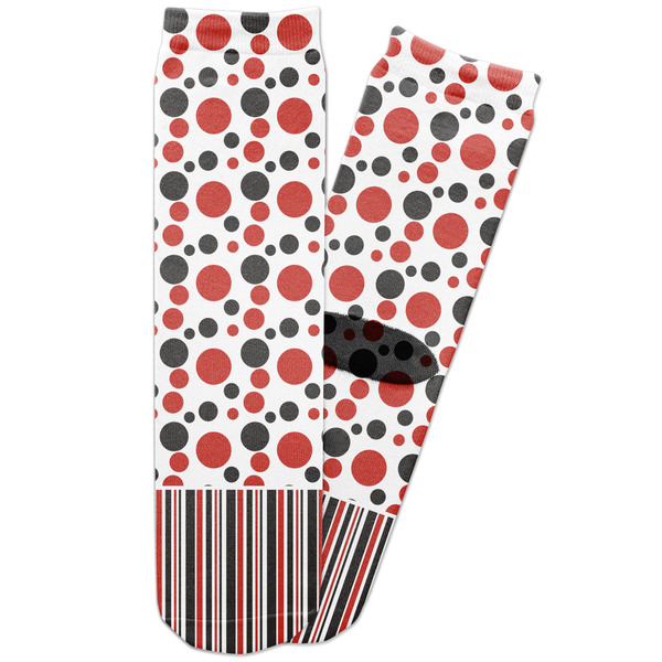 Custom Red & Black Dots & Stripes Adult Crew Socks