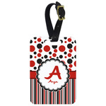 Red & Black Dots & Stripes Metal Luggage Tag w/ Name and Initial