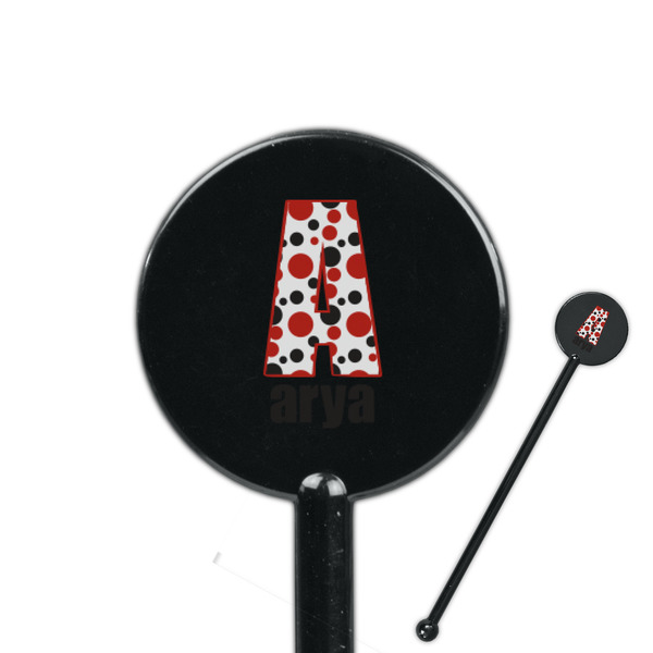 Custom Red & Black Dots & Stripes 5.5" Round Plastic Stir Sticks - Black - Single Sided (Personalized)
