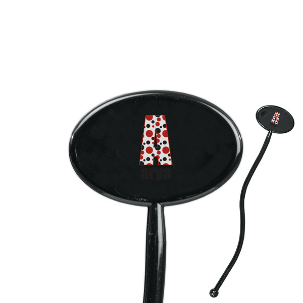 Custom Red & Black Dots & Stripes 7" Oval Plastic Stir Sticks - Black - Double Sided (Personalized)