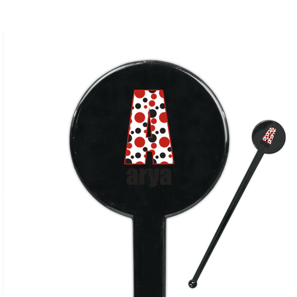 Custom Red & Black Dots & Stripes 7" Round Plastic Stir Sticks - Black - Double Sided (Personalized)