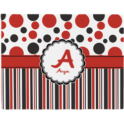 Red & Black Dots & Stripes Woven Fabric Placemat - Twill w/ Name and Initial