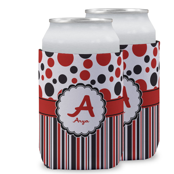 Custom Red & Black Dots & Stripes Can Cooler (12 oz) w/ Name and Initial