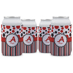 Red & Black Dots & Stripes Can Cooler (12 oz) - Set of 4 w/ Name and Initial