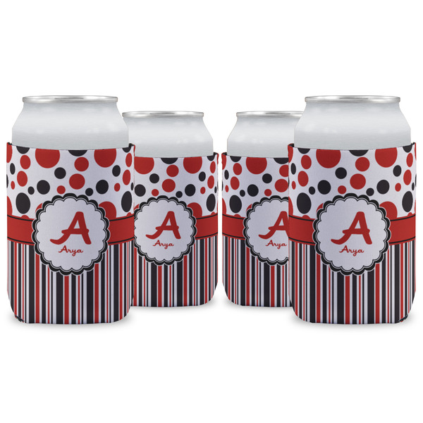 Custom Red & Black Dots & Stripes Can Cooler (12 oz) - Set of 4 w/ Name and Initial