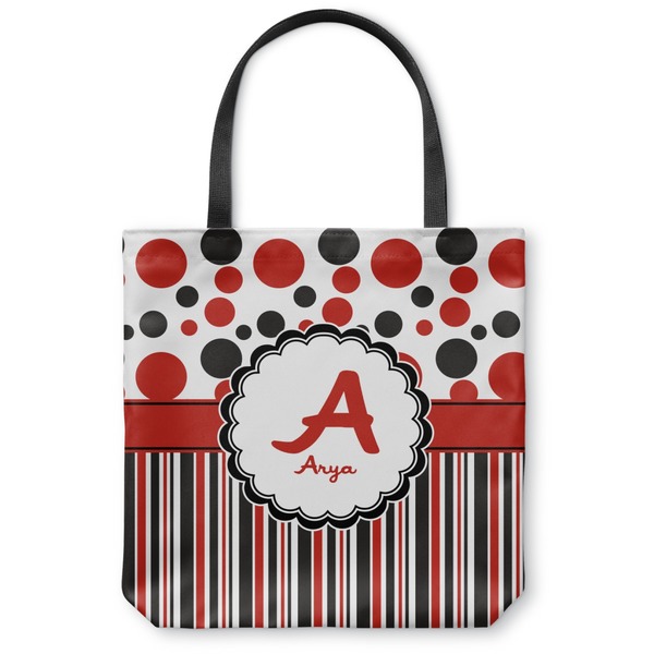 Custom Red & Black Dots & Stripes Canvas Tote Bag - Large - 18"x18" (Personalized)