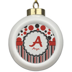 Red & Black Dots & Stripes Ceramic Ball Ornament (Personalized)