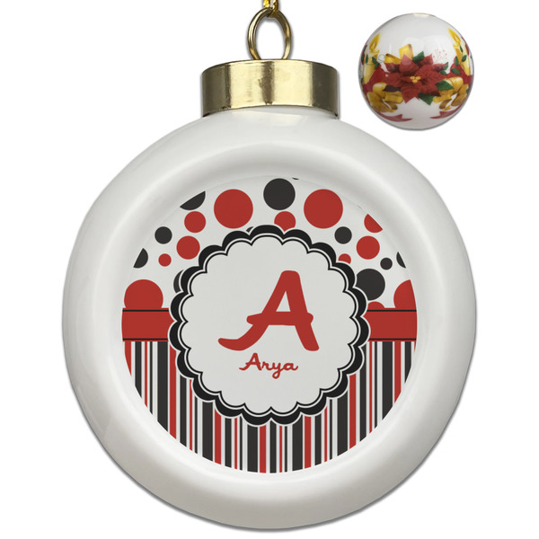 Custom Red & Black Dots & Stripes Ceramic Ball Ornaments - Poinsettia Garland (Personalized)