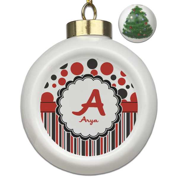 Custom Red & Black Dots & Stripes Ceramic Ball Ornament - Christmas Tree (Personalized)