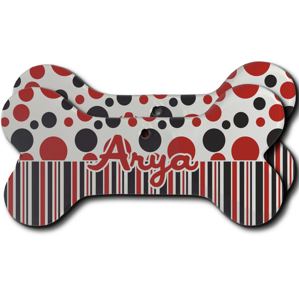 Custom Red & Black Dots & Stripes Ceramic Dog Ornament - Front & Back w/ Name and Initial