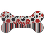 Red & Black Dots & Stripes Ceramic Dog Ornament - Front w/ Name and Initial