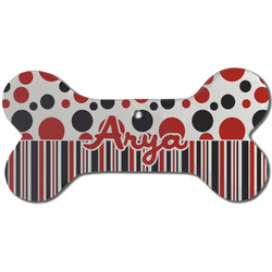 Red & Black Dots & Stripes Ceramic Dog Ornament - Front w/ Name and Initial