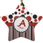 Red & Black Dots & Stripes Star Ceramic Ornament w/ Name and Initial