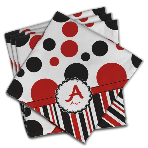 Custom Red & Black Dots & Stripes Cloth Napkins (Set of 4) (Personalized)