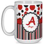 Red & Black Dots & Stripes 15 Oz Coffee Mug - White (Personalized)