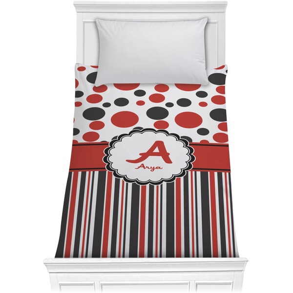 Custom Red & Black Dots & Stripes Comforter - Twin (Personalized)