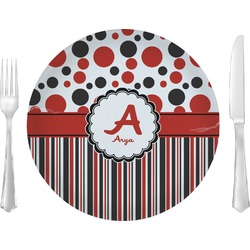 Red & Black Dots & Stripes Glass Lunch / Dinner Plate 10" (Personalized)