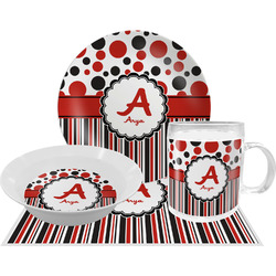 Red & Black Dots & Stripes Dinner Set - Single 4 Pc Setting w/ Name and Initial