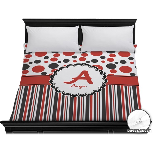 Custom Red & Black Dots & Stripes Duvet Cover - King (Personalized)