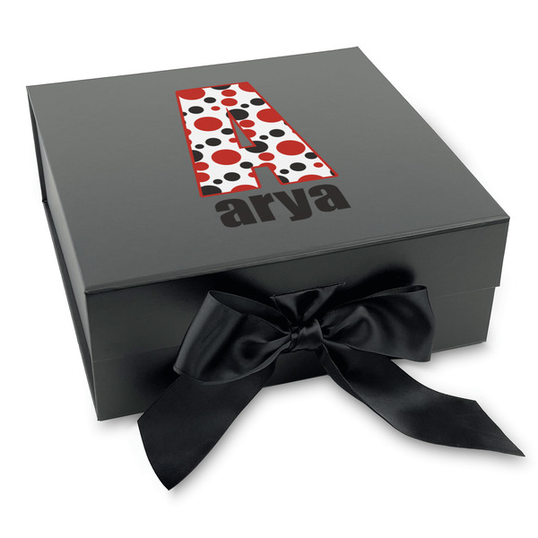 Custom Red & Black Dots & Stripes Gift Box with Magnetic Lid - Black (Personalized)