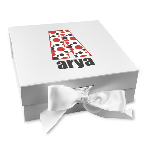 Custom Red & Black Dots & Stripes Gift Box with Magnetic Lid - White (Personalized)