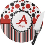 Red & Black Dots & Stripes Round Glass Cutting Board (Personalized)