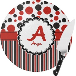Red & Black Dots & Stripes Round Glass Cutting Board - Medium (Personalized)