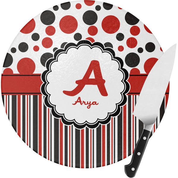 Custom Red & Black Dots & Stripes Round Glass Cutting Board (Personalized)