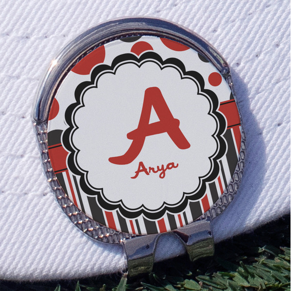 Custom Red & Black Dots & Stripes Golf Ball Marker - Hat Clip