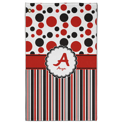 Red & Black Dots & Stripes Golf Towel - Poly-Cotton Blend - Large w/ Name and Initial