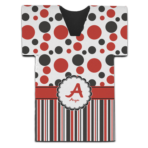 Custom Red & Black Dots & Stripes Jersey Bottle Cooler (Personalized)