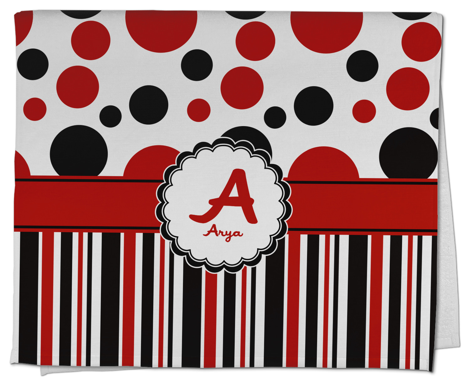 Red & Black Dots & Stripes Design Custom Kitchen Towel - Poly Cotton