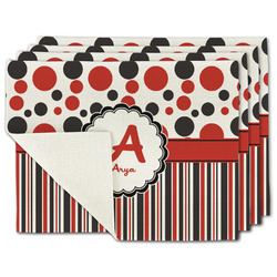 Red & Black Dots & Stripes Single-Sided Linen Placemat - Set of 4 w/ Name and Initial