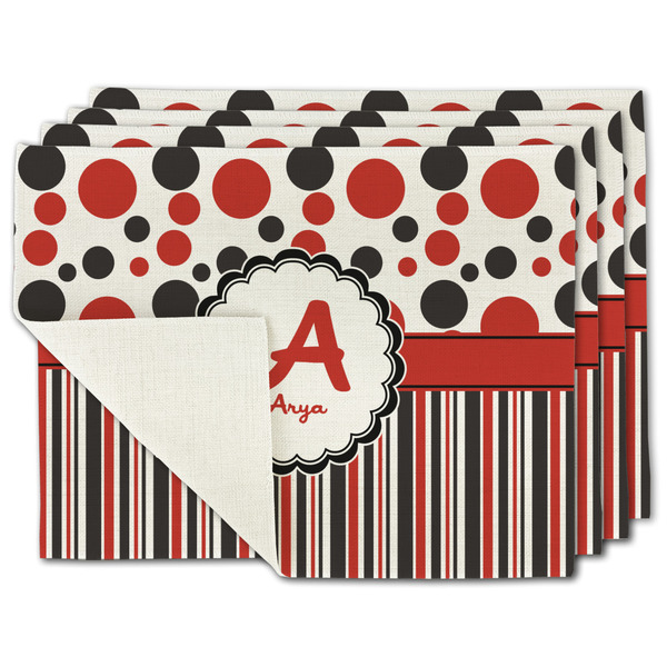 Custom Red & Black Dots & Stripes Single-Sided Linen Placemat - Set of 4 w/ Name and Initial