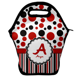 Red & Black Dots & Stripes Lunch Bag w/ Name and Initial