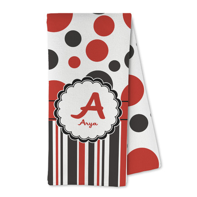 Red & Black Dots & Stripes Design Custom Kitchen Towel - Poly Cotton