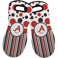 Red & Black Dots & Stripes Neoprene Oven Mitts - Set of 2 w/ Name and Initial