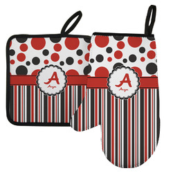 Red & Black Dots & Stripes Left Oven Mitt & Pot Holder Set w/ Name and Initial