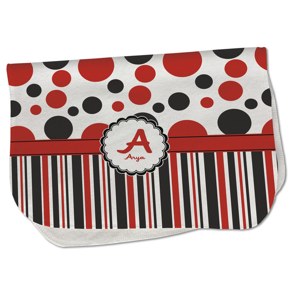 Custom Red & Black Dots & Stripes Burp Cloth - Fleece w/ Name and Initial