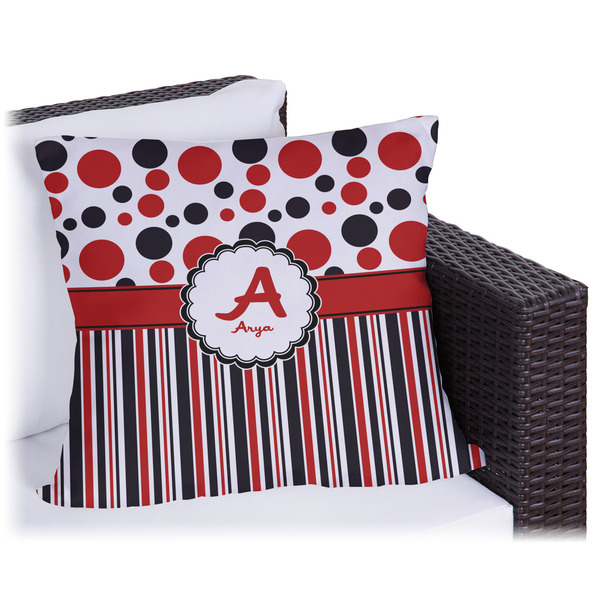 Custom Red & Black Dots & Stripes Outdoor Pillow - 18" (Personalized)
