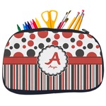 Red & Black Dots & Stripes Neoprene Pencil Case - Medium w/ Name and Initial