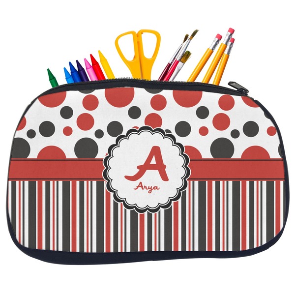 Custom Red & Black Dots & Stripes Neoprene Pencil Case - Medium w/ Name and Initial