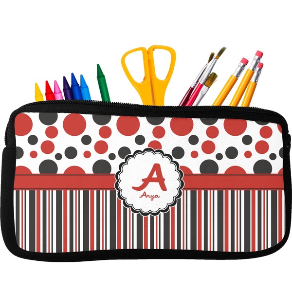 Custom Red & Black Dots & Stripes Neoprene Pencil Case (Personalized)