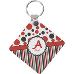 Red & Black Dots & Stripes Diamond Plastic Keychain w/ Name and Initial