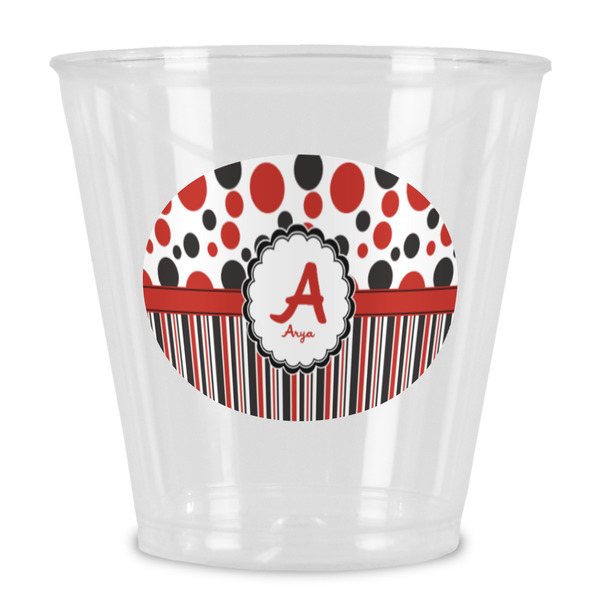 Custom Red & Black Dots & Stripes Plastic Shot Glass (Personalized)