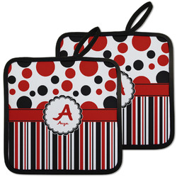 Red & Black Dots & Stripes Pot Holders - Set of 2 w/ Name and Initial