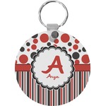 Red & Black Dots & Stripes Round Plastic Keychain (Personalized)