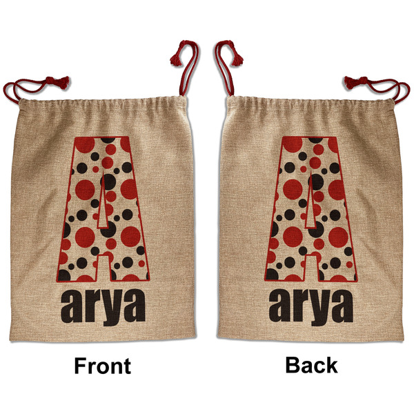 Custom Red & Black Dots & Stripes Santa Sack - Front & Back (Personalized)