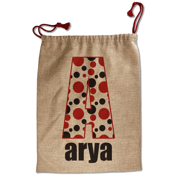 Custom Red & Black Dots & Stripes Santa Sack - Front (Personalized)